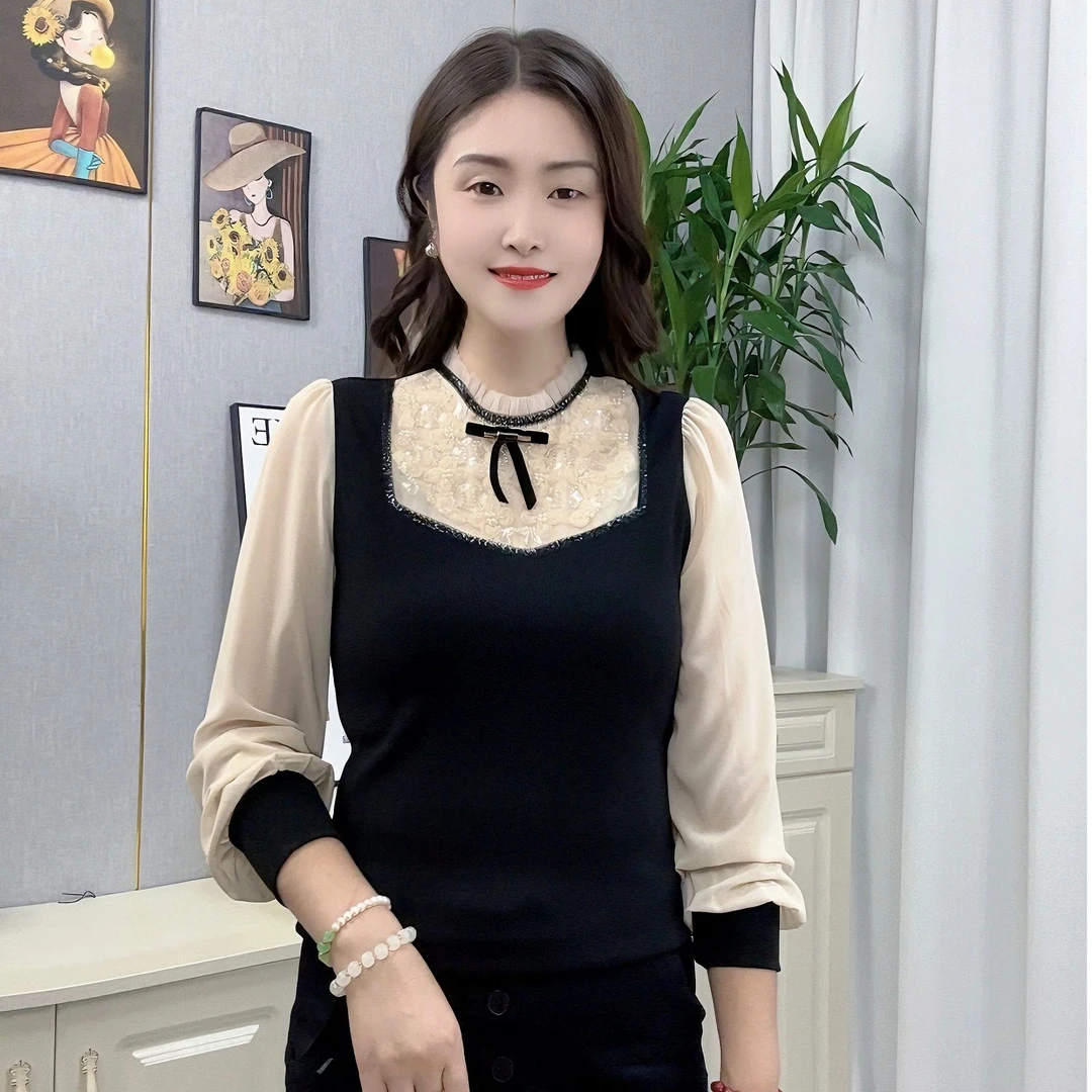 秋款新品长袖针织衫女百搭修身减龄拼接雪纺袖时尚洋气假两件上衣