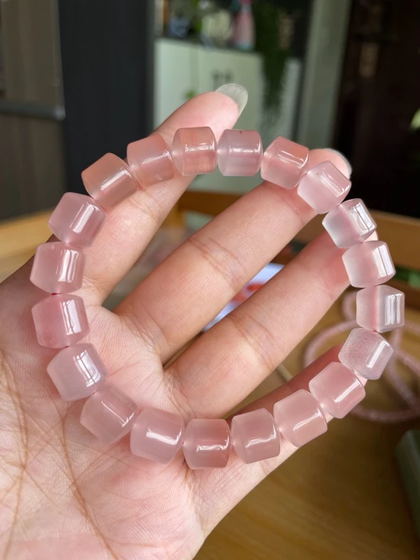 天然川料南红玛瑙直切桶珠粉色单圈手串尺寸9.5mm+一物一拍