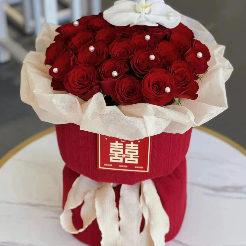 鑫源红色订婚手捧花束小香风布针织条纹丝绒布包花布花店用品资材