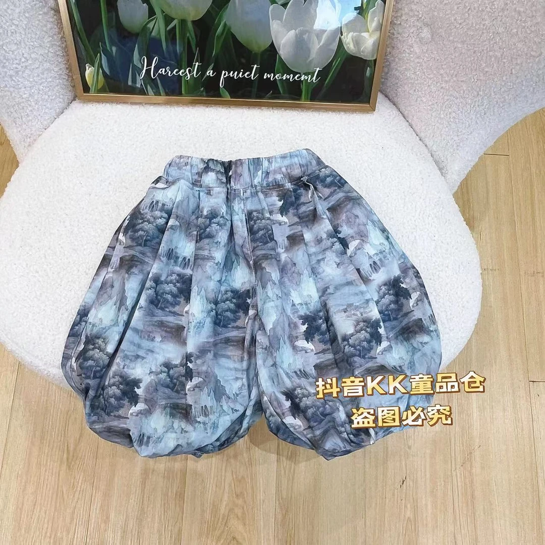 【燕子】夏季新款儿童轻薄款新中式国风水墨画七分休闲裤