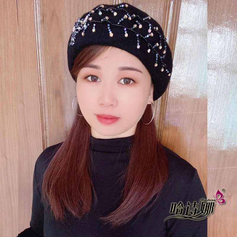哈诗娜新款羊毛呢贝雷帽女生手工设计气质画家潮帽可爱水晶钻软帽