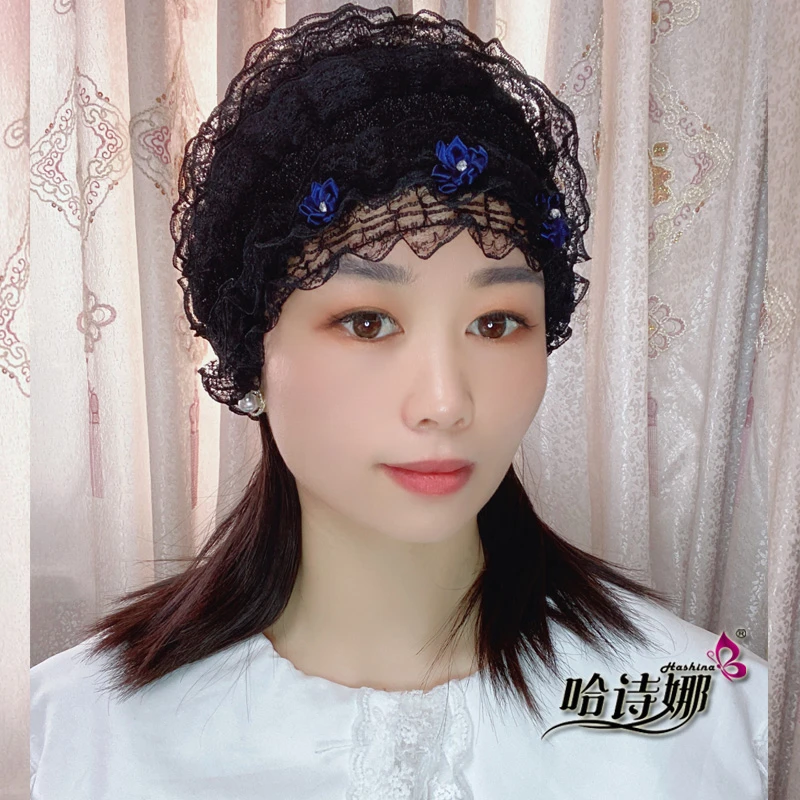 假发美人帽四季花朵亮丝双层遮盖白发透气网弹力纱巾包头帽女士