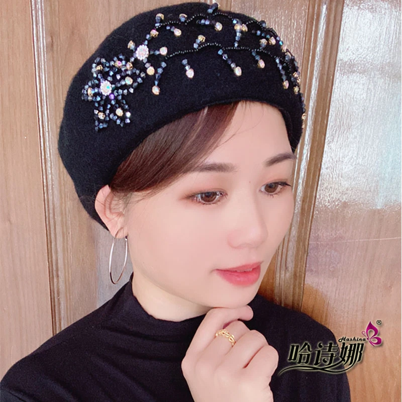 哈诗娜毛呢贝雷手工水晶冬天帽子女南瓜帽2022年新款高档蓓蕾帽