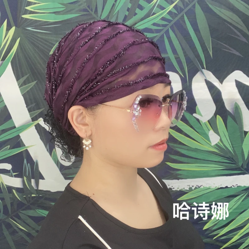 2023年哈诗娜新款波浪包头帽网纱软后花盖头夏季弹力清透帽子女士