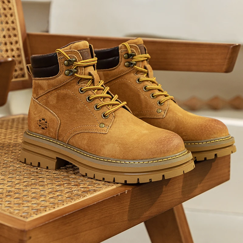 [头层猪皮]大黄靴新款厚底登山机车工装风情侣款秋冬高帮马丁靴