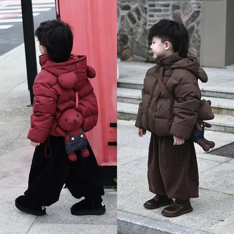 【现货】Jimmy妈童品 小熊挎包 冬季儿童熊耳朵90白鸭绒羽绒服外套