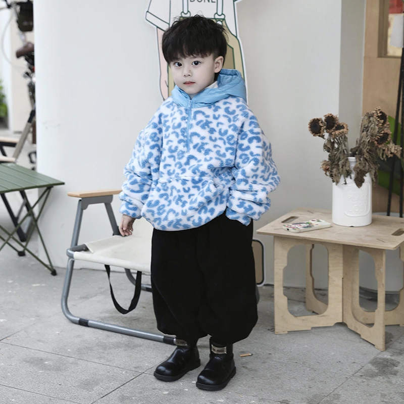 【现货】Jimmy妈童品 蓝色豹纹冬季儿童加绒加厚毛绒绒连帽卫衣外套