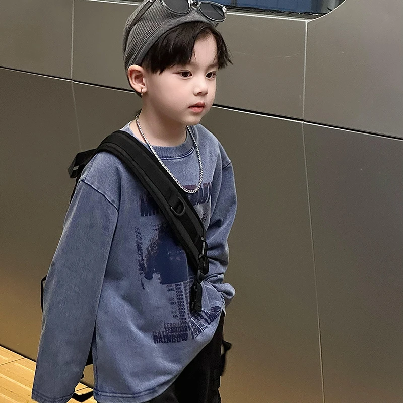 【现货】Jimmy妈童装东京杂志社秋季儿童做旧水洗牛仔蓝印花长袖T恤