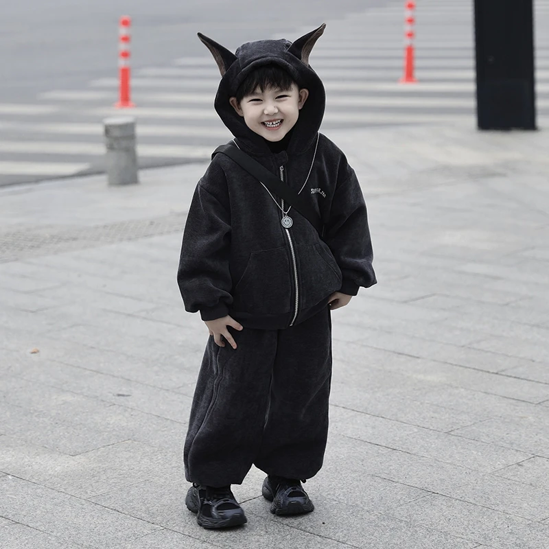 【现货】Jimmy妈童装 卡通狗狗冬季加绒加厚立体耳朵外套休闲裤套装