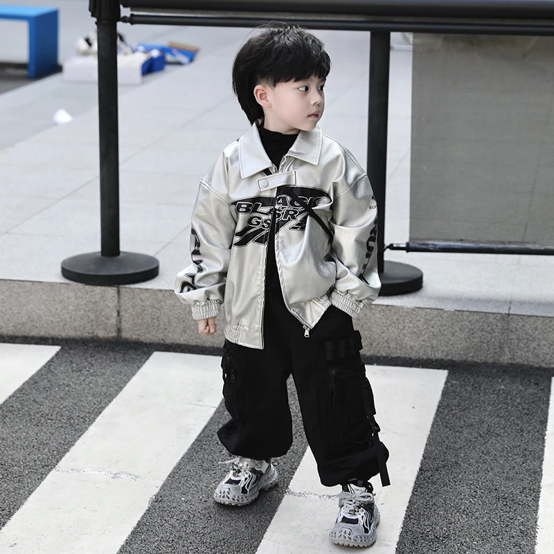 【现货】Jimmy妈童装 男童秋装银色科技感前后印花皮衣酷皮儿童外套