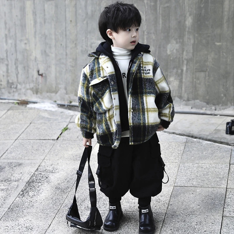 【现货】Jimmy妈童装 玩偶可卸冬季新款儿童格子拼色假两件夹棉外套
