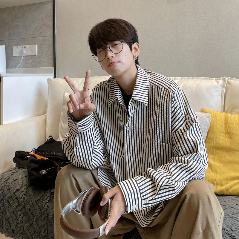 春秋季新款条纹泡泡设计感衬衫男士休闲宽松ins百搭痞帅长袖衬衣
