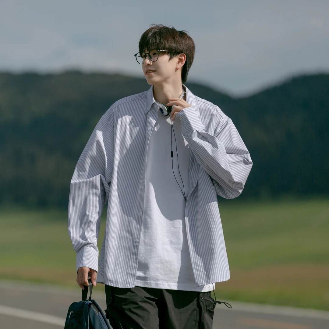 日系小清新条纹长袖衬衫男士春秋季ins潮牌宽松休闲百搭衬衣外套