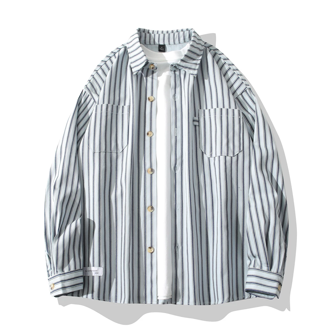 简约日系清爽纯棉长袖条纹衬衫男女同款春秋复古干净百搭休闲衬衣