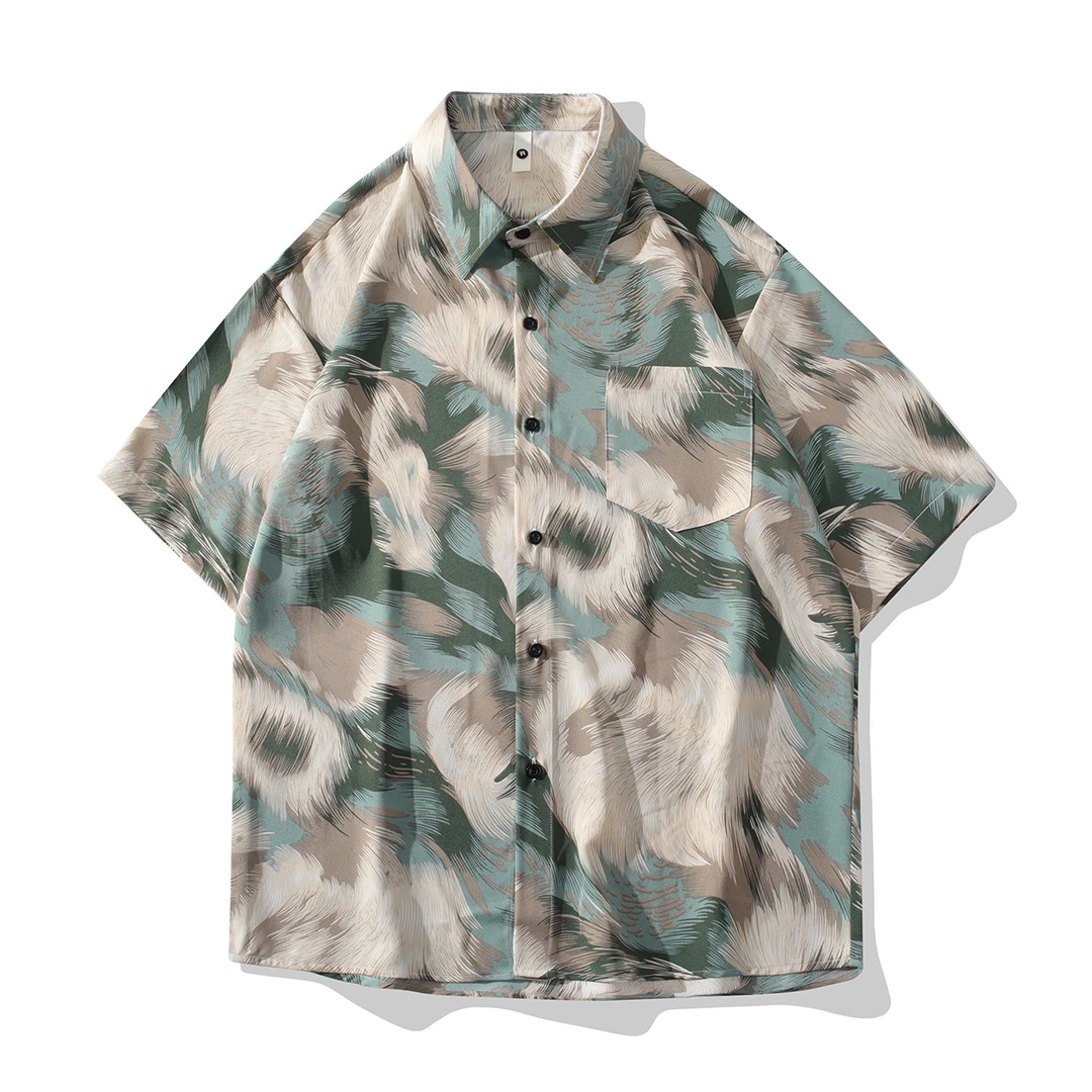 夏季夏威夷冰丝速干短袖花衬衫痞帅薄款印花百搭休闲男装宽松衬衣