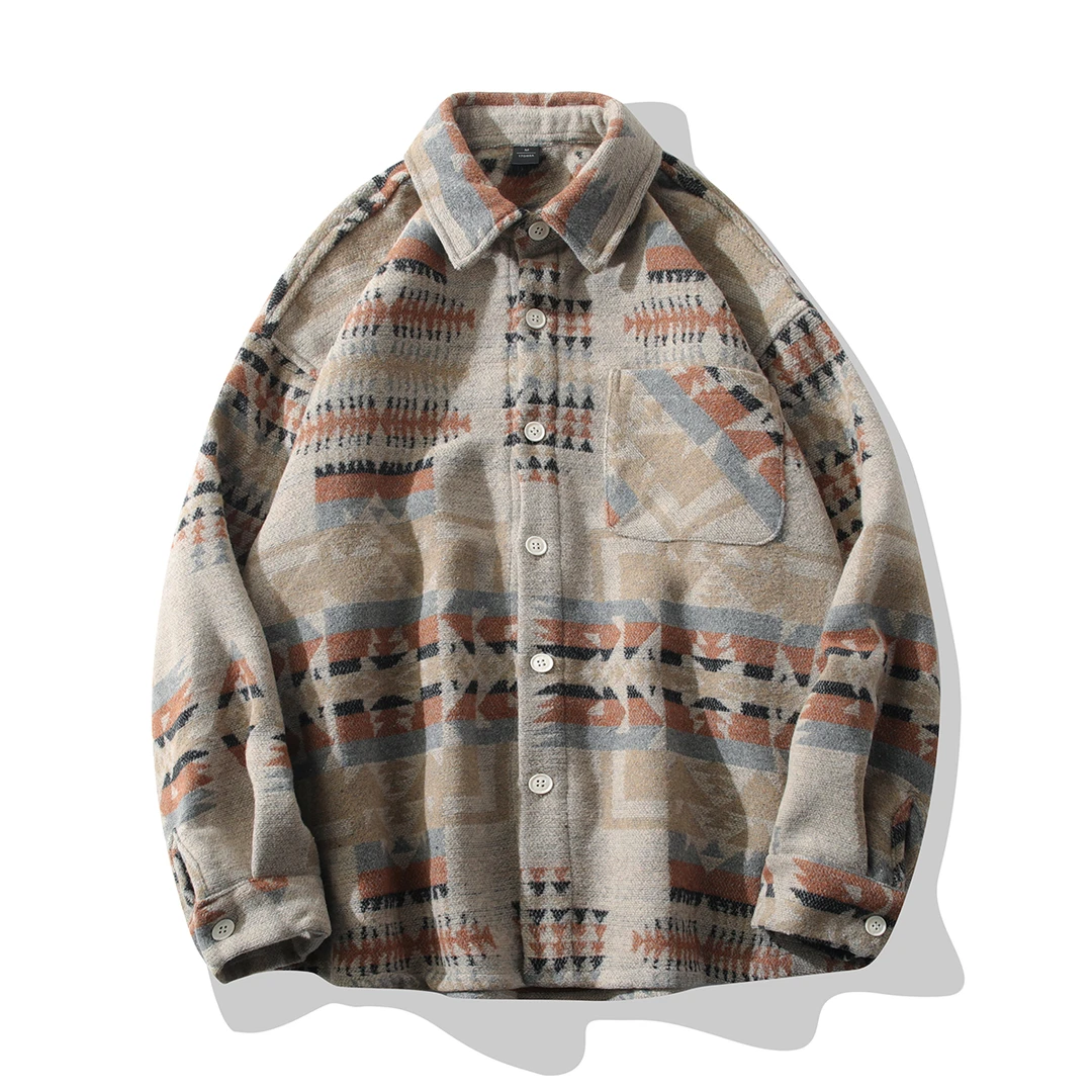 秋冬季厚款毛呢民族风衬衫夹克复古潮牌设计宽松小众休闲衬衣外套