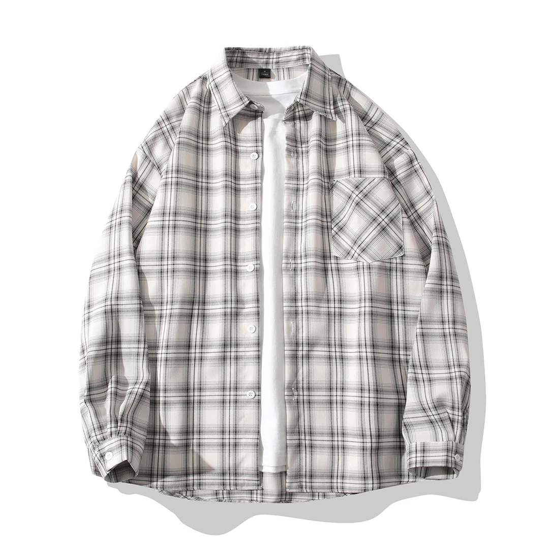 港风格子长袖衬衫清新潮流显瘦遮肉春秋男女同款宽松休闲衬衣外套