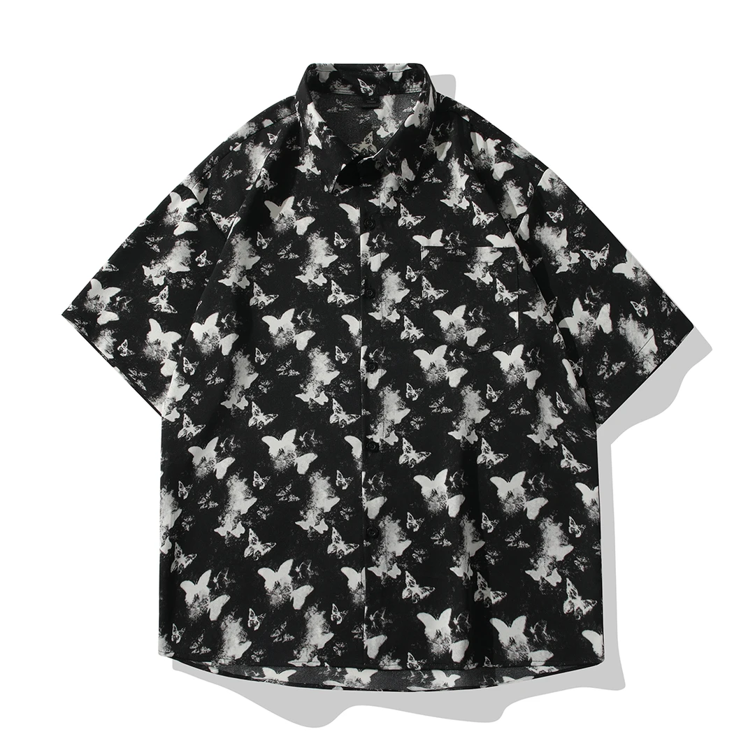 ins风夏季凉感冰丝蝴蝶印花宽松衬衫薄款男装百搭休闲翻领衬衣