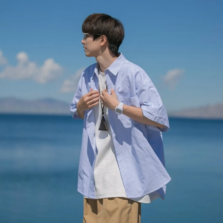 日系条纹短袖衬衫男生夏季痞帅休闲学生百搭男士衬衣潮牌宽松外套