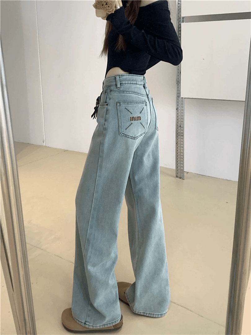 浅色做旧直筒牛仔裤女春款字母刺绣高腰宽松显瘦窄版阔腿拖地裤