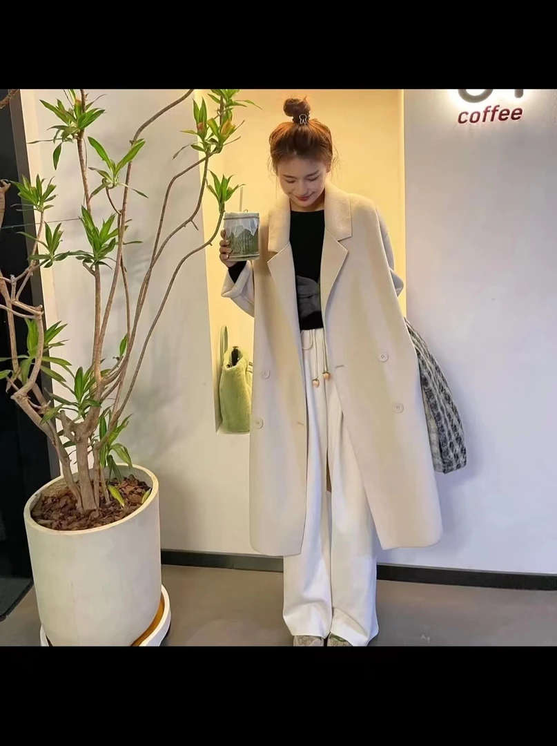 四粒扣时尚百搭双面羊毛大衣西装翻领长款秋冬外套宽松版8818