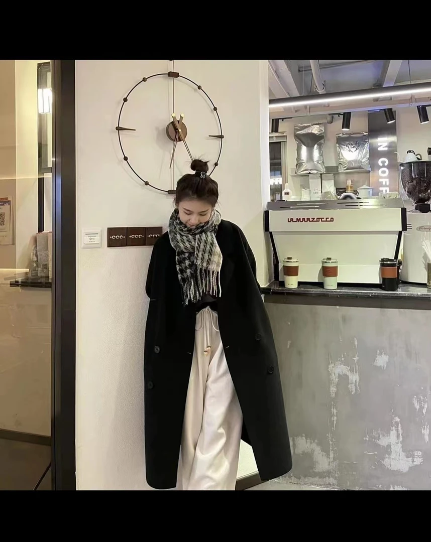 四粒扣时尚百搭双面羊毛大衣西装翻领长款秋冬外套宽松版8818