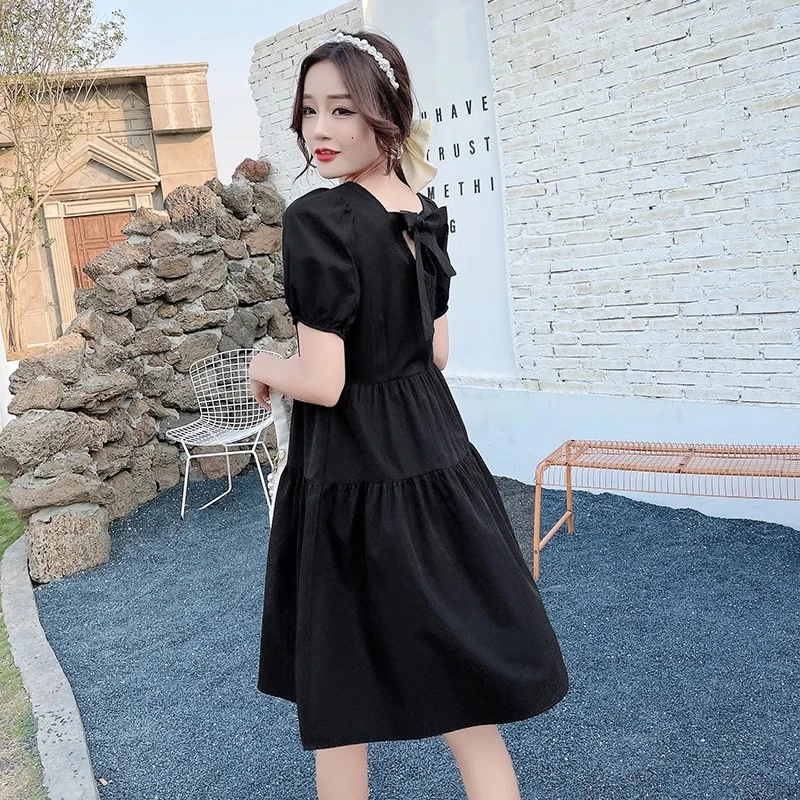 小个子黑色连衣裙女短款夏季新款法式方领赫本风小黑裙蝴蝶结裙子