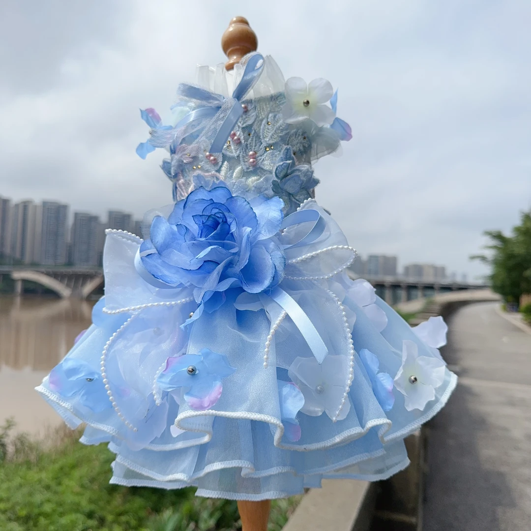 萌宠夏季蓝色秘密花园花朵镂空蕾丝礼服裙 小熊泡沫宠物服饰原创