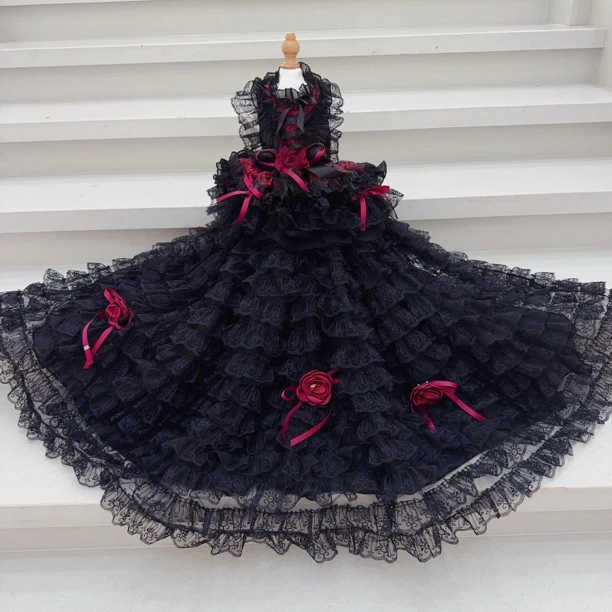 萌宠暗黑玫瑰奢华蕾丝可拆卸拖尾礼服裙 小熊泡沫宠物服饰原创
