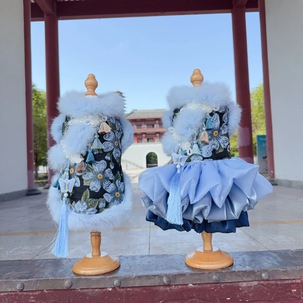 萌宠“兰贵人”国风旗袍情侣装 加绒真兔毛边 小熊泡沫宠物服饰原创