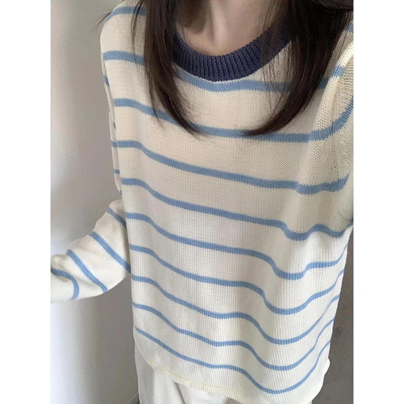 韩系蓝色条纹毛衣女秋冬2024新款松弛感慵懒风套头针织衫百搭上衣