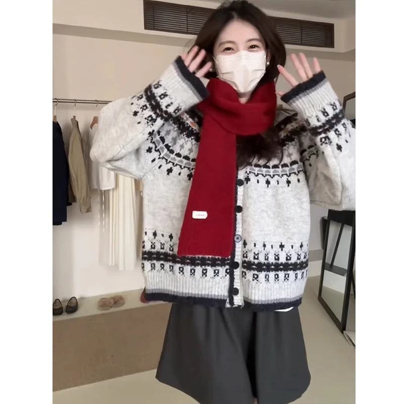 复古美式高级感提花连帽毛衣外套女秋冬新款软糯慵懒小众针织开衫