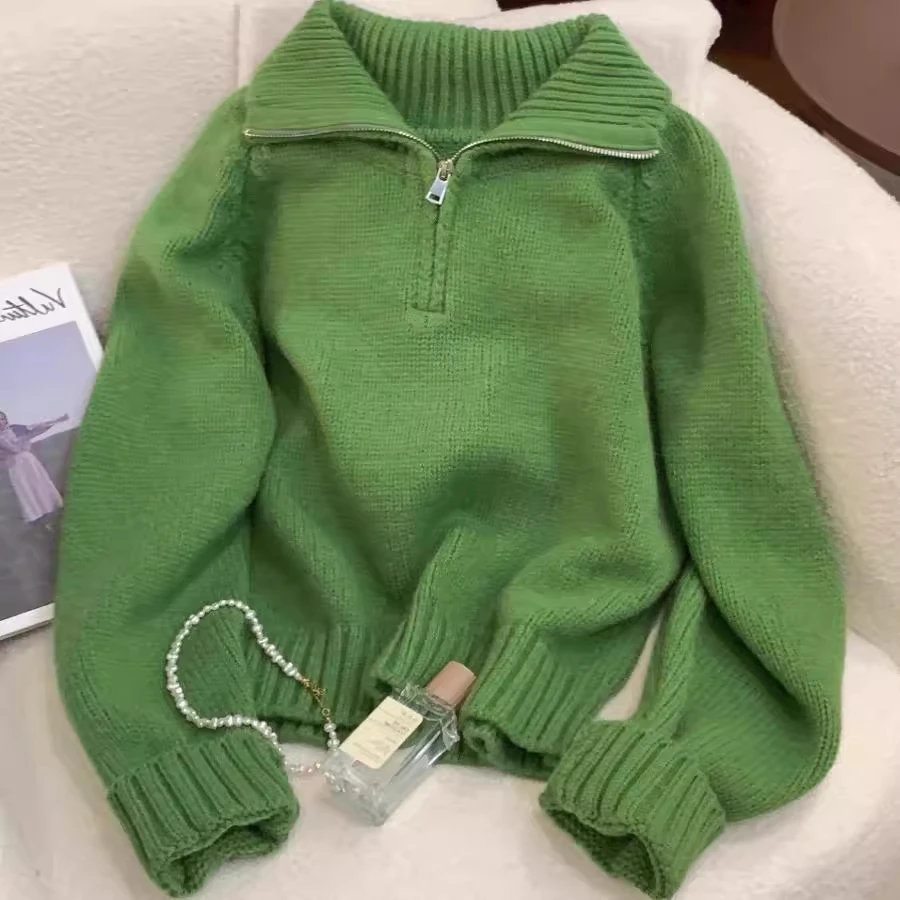 设计感半拉链翻领套头毛衣女秋冬新款韩系立领宽松气质针织衫上衣