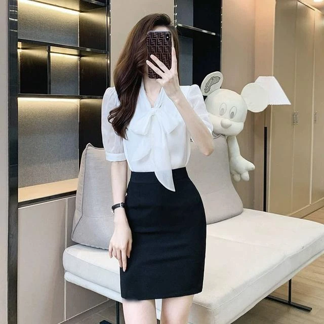 职业套装女包臀裙子衬衫套裙白领气质短袖雪纺衬衣前台接待工作服