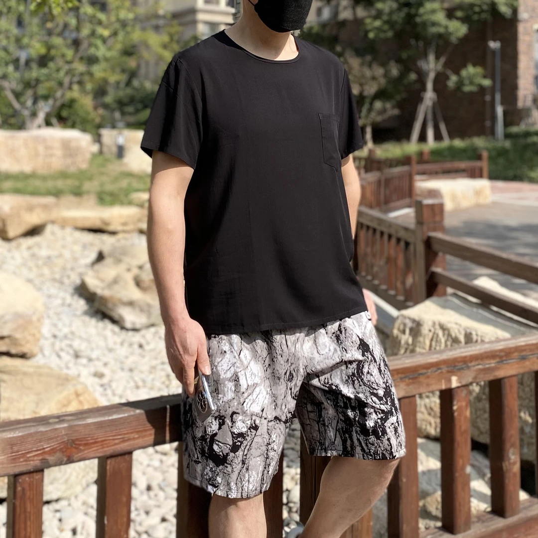 夏季男士大码棉绸套装家居服两件套人造棉短袖短裤睡衣沙滩裤子薄