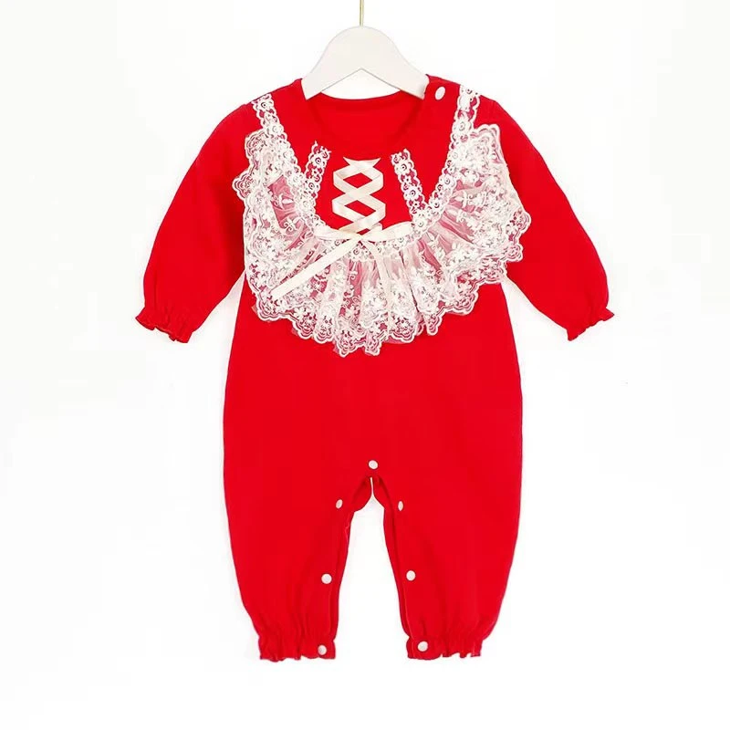 春秋连体衣婴儿时尚造型款女宝宝纯棉连体哈衣！长袖红色满月百天