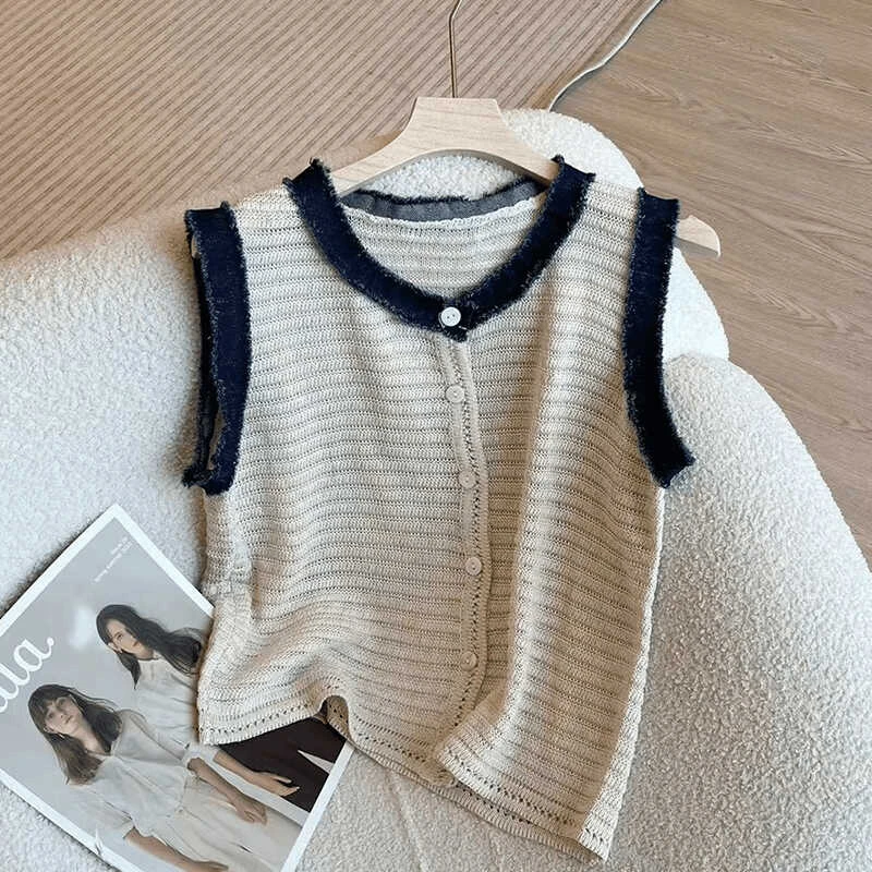 条纹撞色拼接马夹针织衫女装新款夏季设计感小众无袖开衫