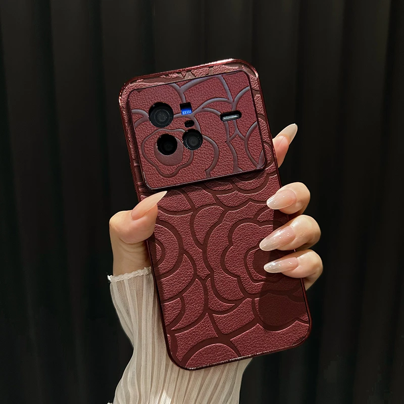 适用vivox80高级感网红山茶花皮纹电镀边框全包手机壳