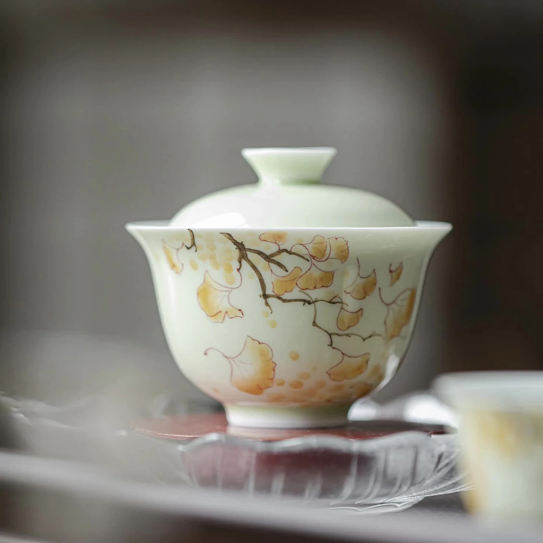 手绘银杏盖碗手工釉下彩家用中式泡茶碗功夫茶具薄胎陶瓷茶碗单个