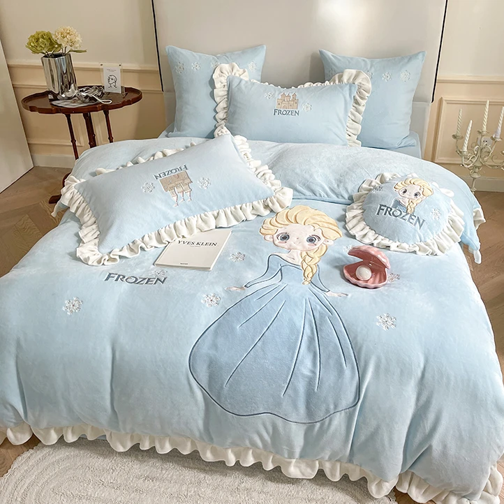 冰雪奇缘可爱公主风加绒加厚双面绒牛奶绒贴布绣四件套绒被单人