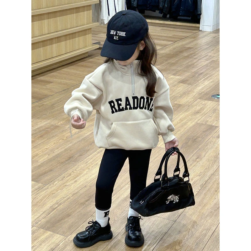 女宝宝韩系高领上衣中大童秋冬2024款洋气儿童时髦拉链加绒套头衫