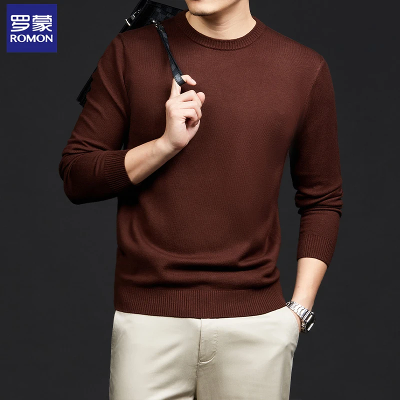 Romon/罗蒙【精纺圆领】秋冬季男士毛衣保暖纯色厚款内搭针织打底衫