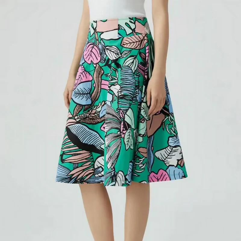 【商场同款】热带雨林半身裙复古高腰气质时尚印花A字中款裙5200014