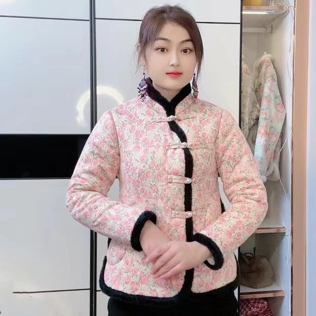 冬季碎花加绒加厚棉服棉袄外套复古民族风【斜襟珍珠扣棉衣】
