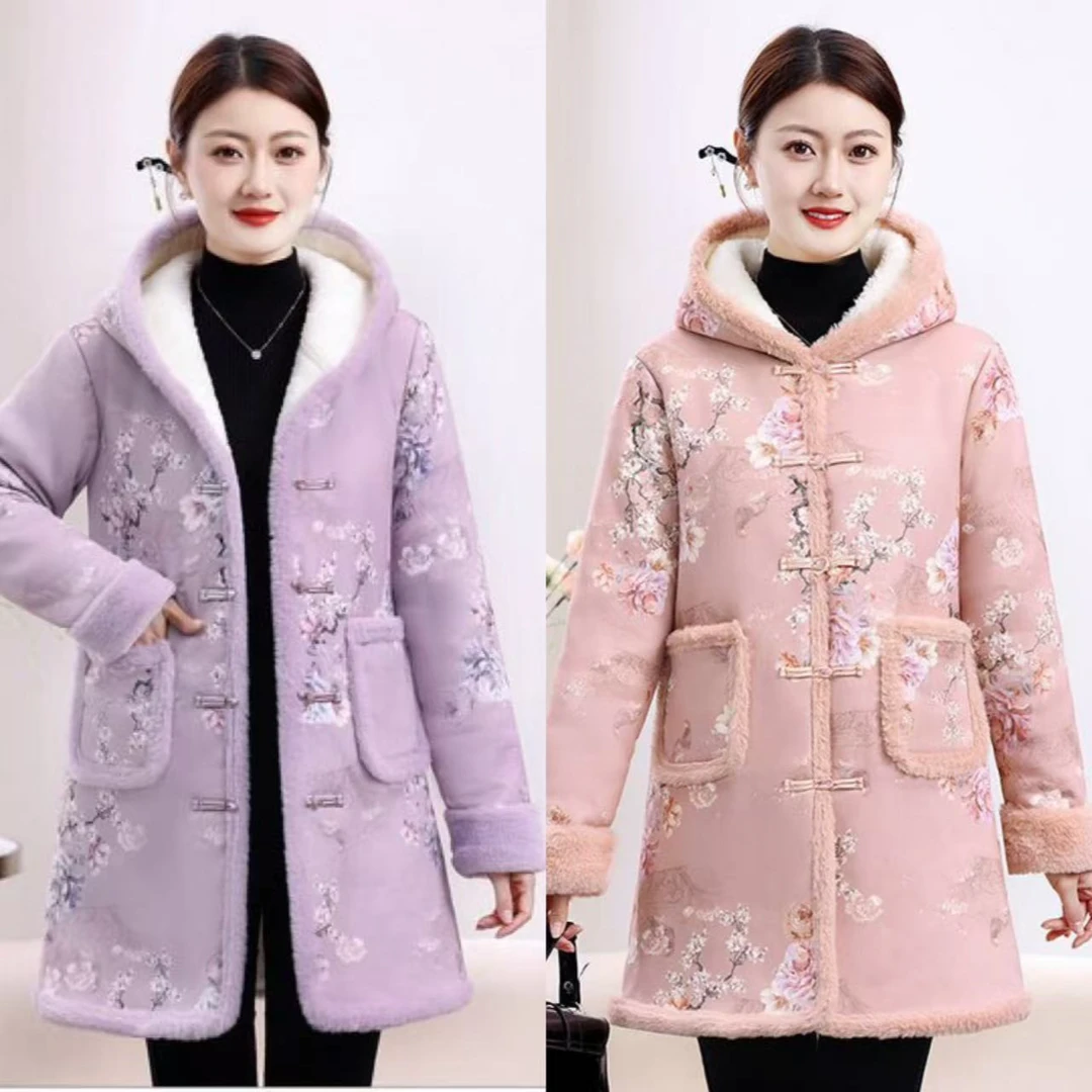 2024冬季中长款加绒加厚中国风保暖棉服时尚百搭【长款连帽棉衣】