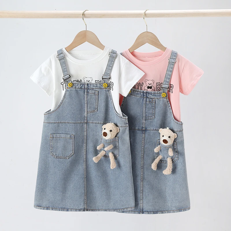 女童夏季套装2023新款韩版儿童洋气女孩中小童短袖背带裙子两件套