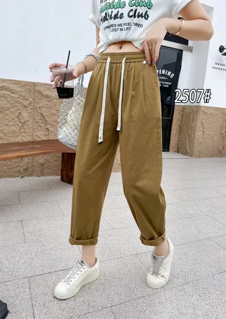 【艾米轩推荐】2025夏季新款高腰薄款显瘦直筒纯色九分休闲裤2507