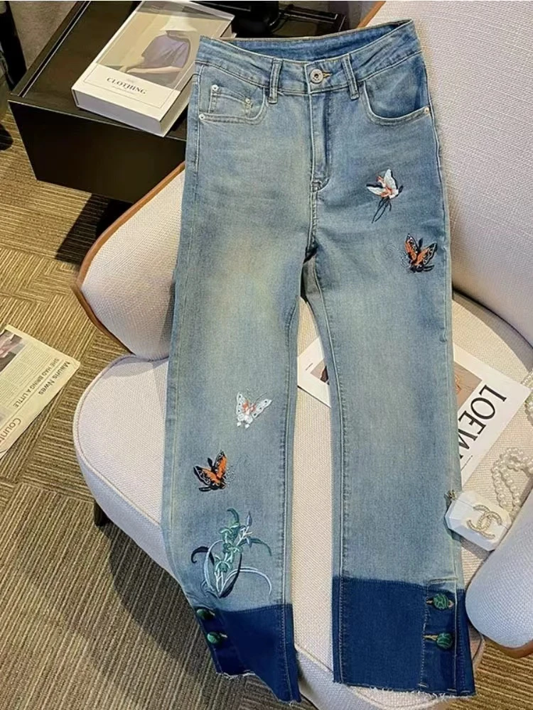 【折扣季】新中式高腰拼色国风刺绣显瘦大码牛仔百搭烟管裤松紧腰女