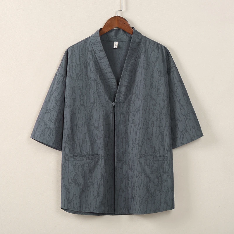中国风斜襟休闲唐装汉服茶服中式提花棉麻衬衫民族风男古风居士服