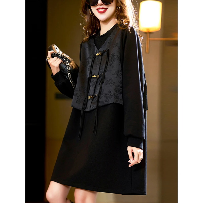 新中式假两件提花连衣裙2025春季新款a字裙欧货大码宽松显瘦裙子